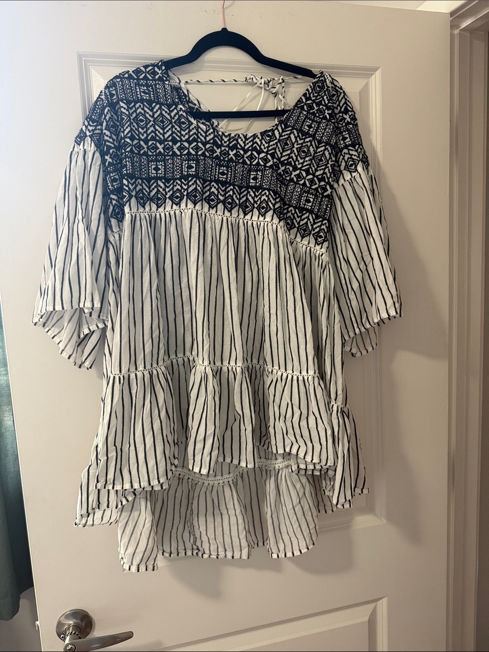 Free People Black & White Striped Embroidered Tiered Tunic